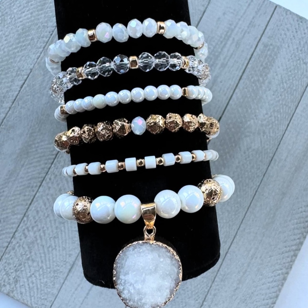White and Gold Beaded Bracelet Set with Stone Charm